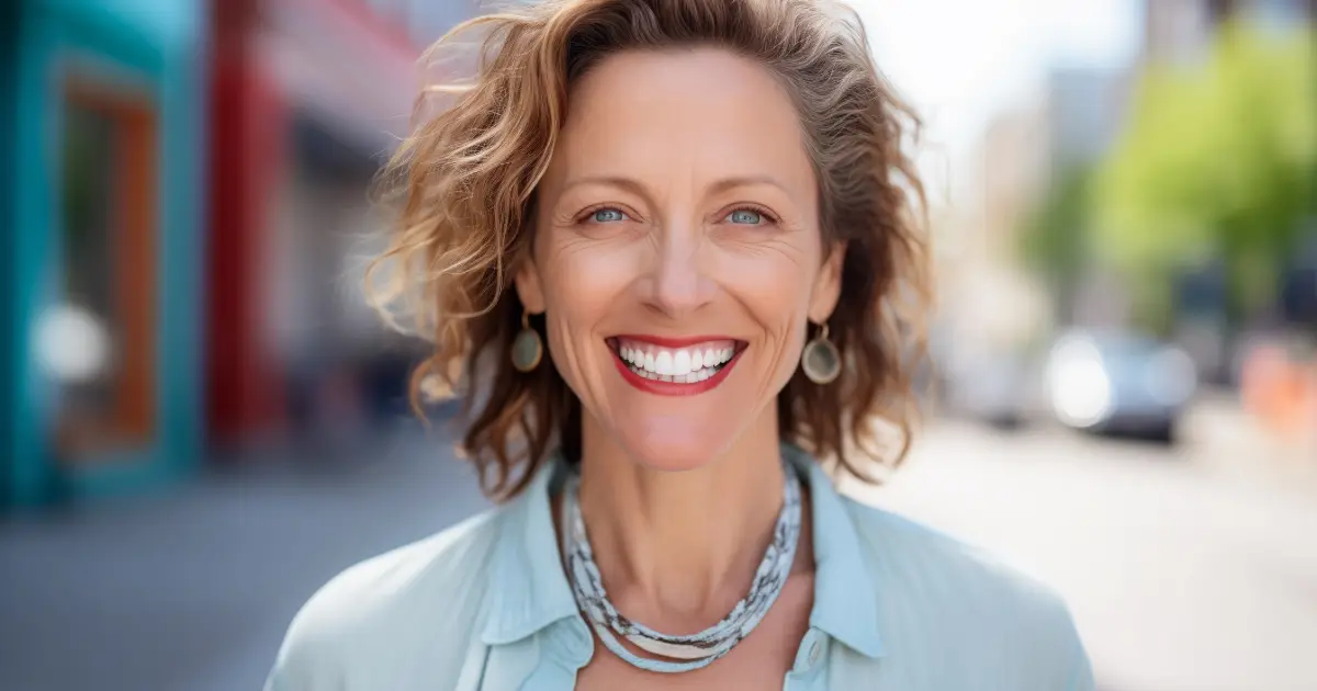 A middle aged Lady fashionably attired smiling into the Camera