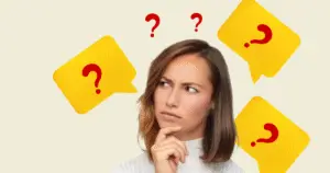 Woman frowning with Yellow colored Thought Bubbles and Red colored question Markes
