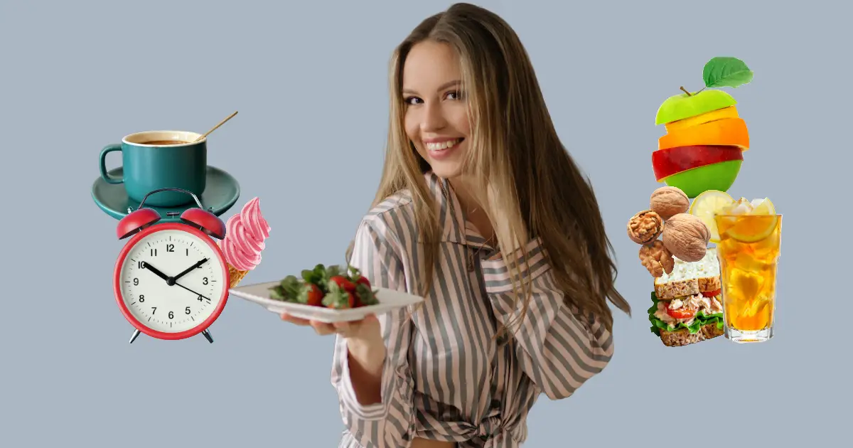 A lady half-body smiling into the camera, with a cup of coffee, ice cream to her left and to her right ealthy foods