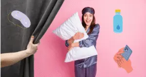 A black out curtain with a person's hand pulling back the curtain, a woman wearing pajamas for night rest, standing in the middle hugging her pillow, with a water bottle to her right and a image of hands on a mobile device
