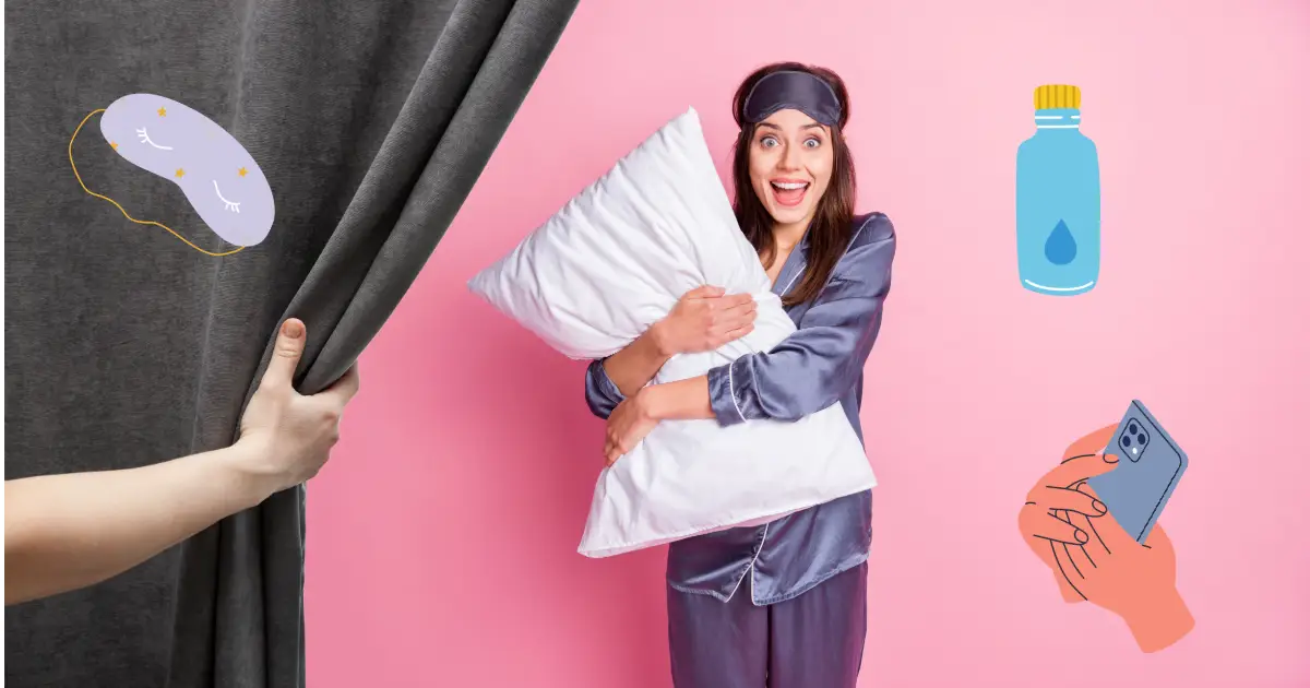A black out curtain with a person's hand pulling back the curtain, a woman wearing pajamas for night rest, standing in the middle hugging her pillow, with a water bottle to her right and a image of hands on a mobile device
