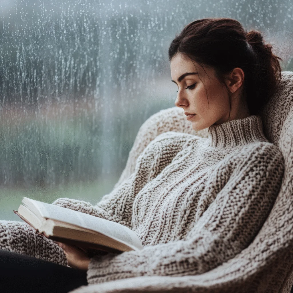 lady reading a book beside the window where there is rain