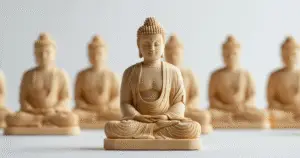 A serene gathering of multiple Buddha statues is captured in a moment of peaceful meditation. Each figure embodies tranquility and inner stillness.