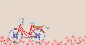bike covered in the patriotic flag colors of the USA red, white and blue against a peach background and poppies