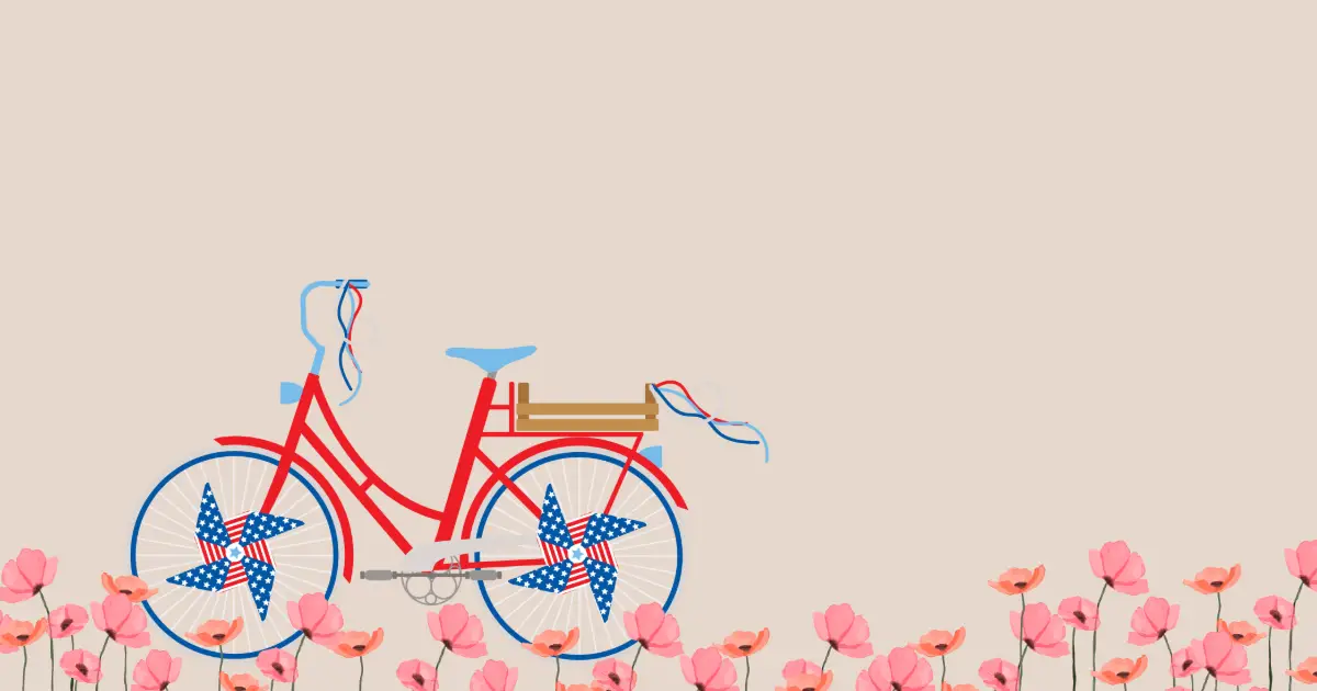 bike covered in the patriotic flag colors of the USA red, white and blue against a peach background and poppies