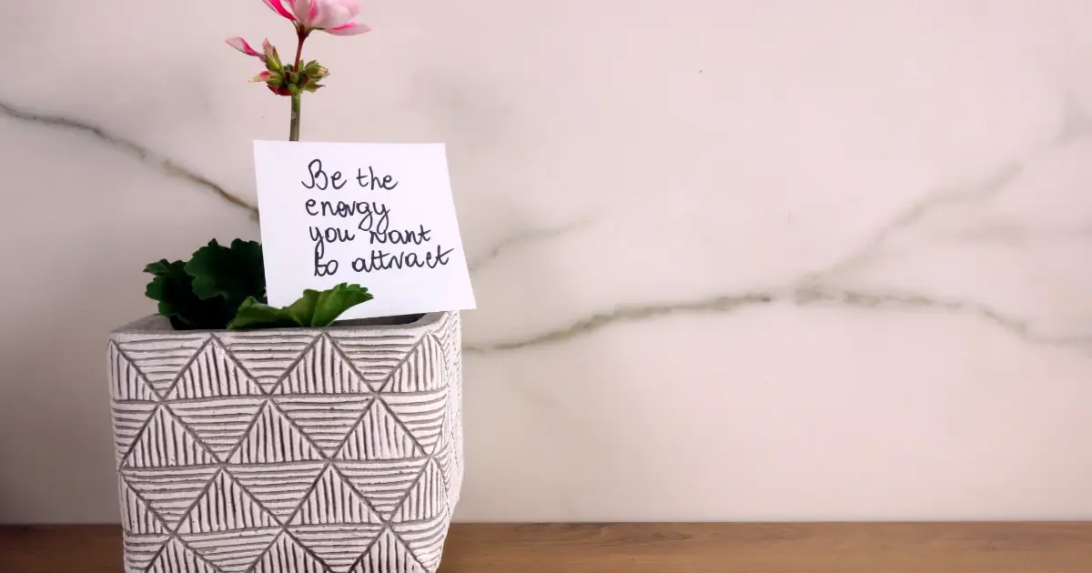 green plant in a white pot with a marble background and the sign be the energy you want to attract.