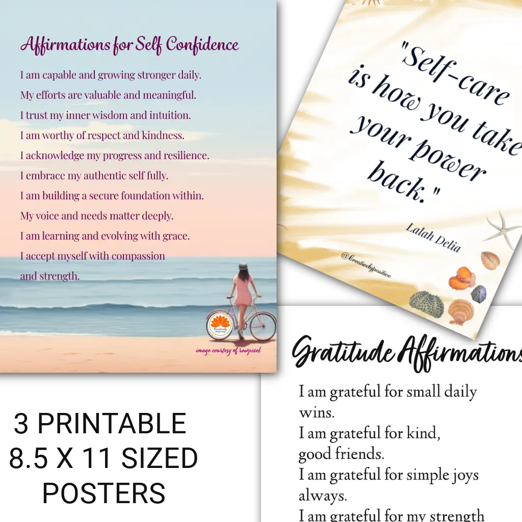 3 posters, with the following written affirmations on self-worth, gratitutde affirmations and quote on self-care by Lalah Delia